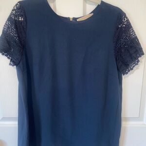 Michael Kors Elegant Navy Lace Sleeve Top with Zipper Back